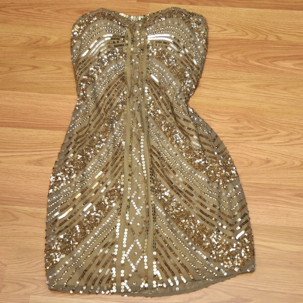 SCALA Embellished Sequin Gold Strapless Dress